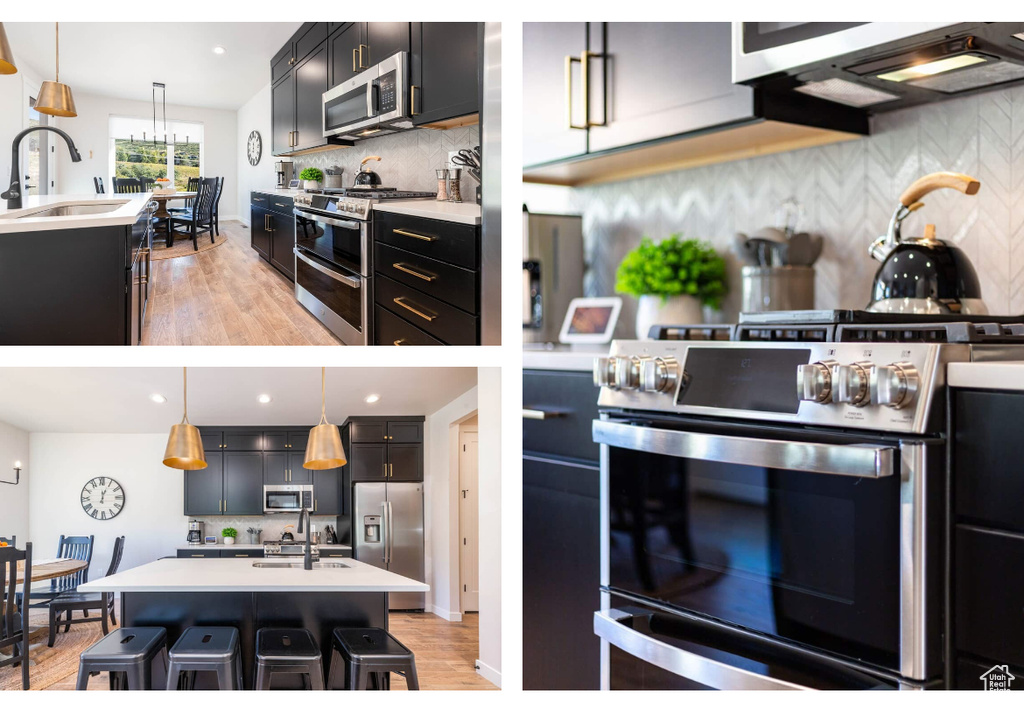 Kitchen featuring appliances with stainless steel finishes, a sink, backsplash, light countertops, and recessed lighting
