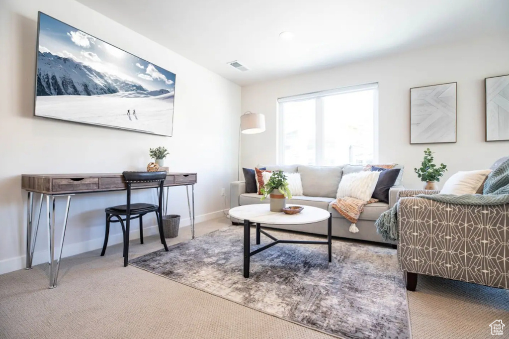 Living room featuring carpet floors and baseboards