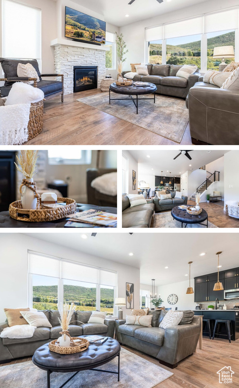 Living room featuring wood finished floors, a fireplace, ceiling fan, and recessed lighting