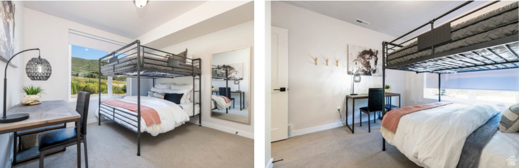 Carpeted bedroom featuring multiple windows and baseboards