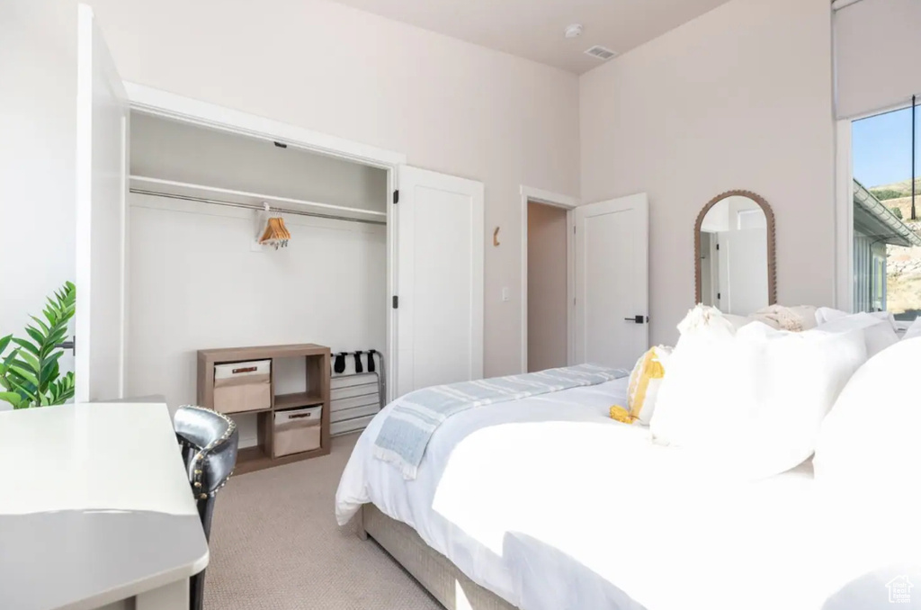 Bedroom featuring light carpet and a closet
