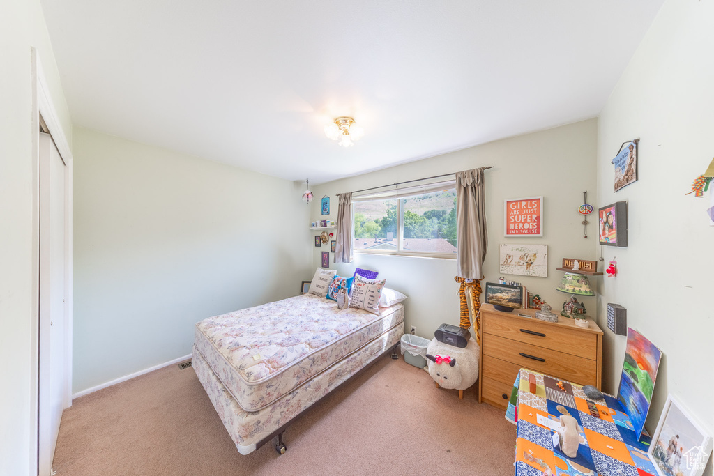Bedroom featuring carpet floors, a closet, and baseboards