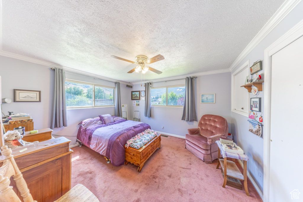 Bedroom featuring a textured ceiling, ornamental molding, baseboards, light carpet, and a ceiling fan