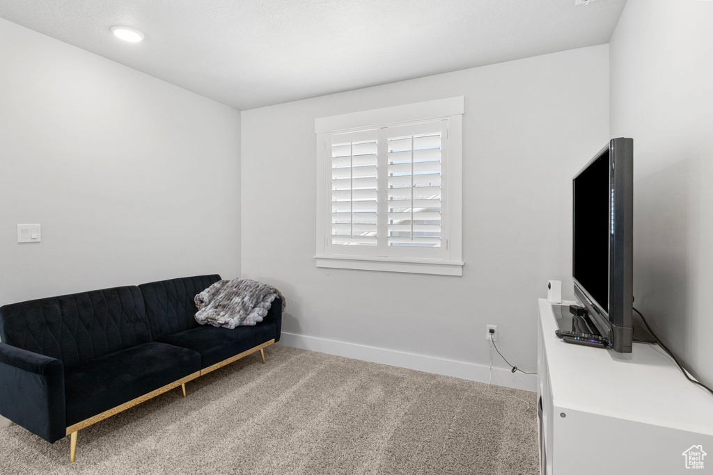 Living area with carpet and baseboards