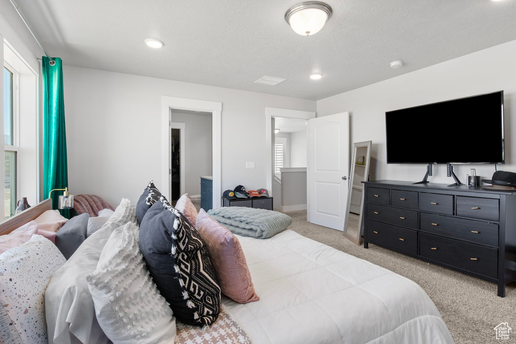 Bedroom with light carpet, baseboards, and recessed lighting