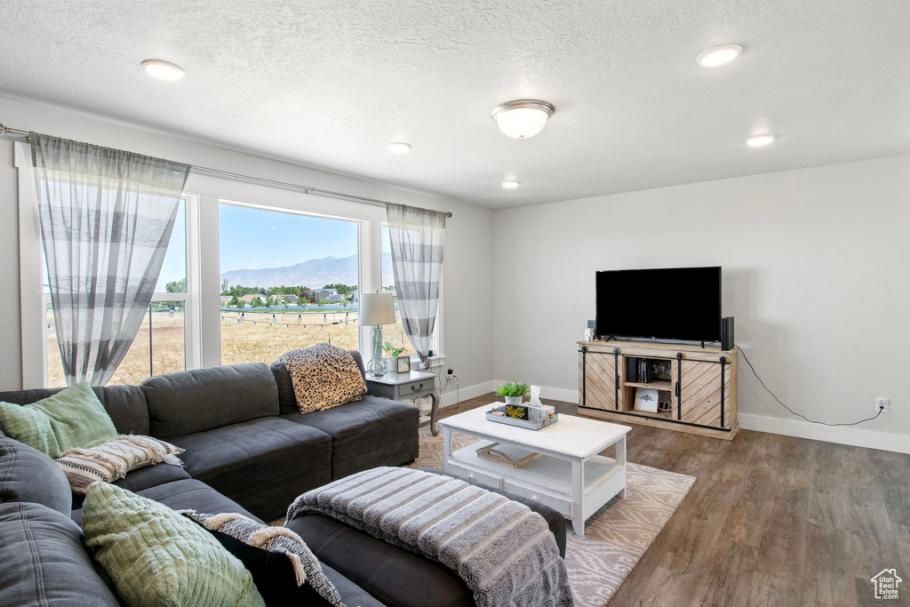 Living area with baseboards, wood finished floors, recessed lighting, and a textured ceiling