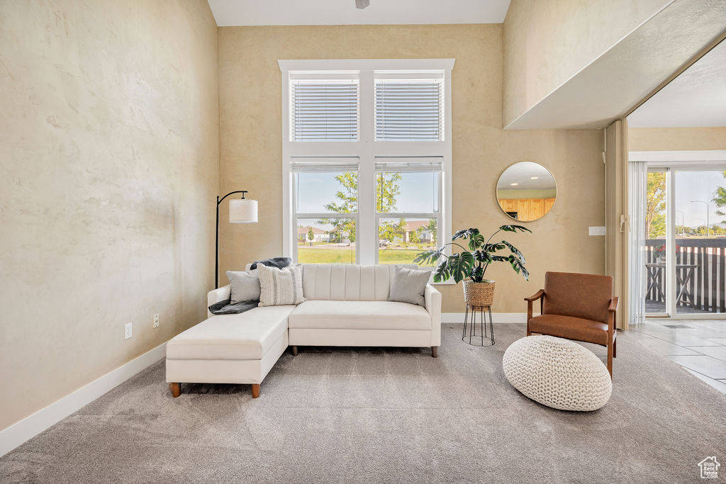 Carpeted living room with a towering ceiling and baseboards