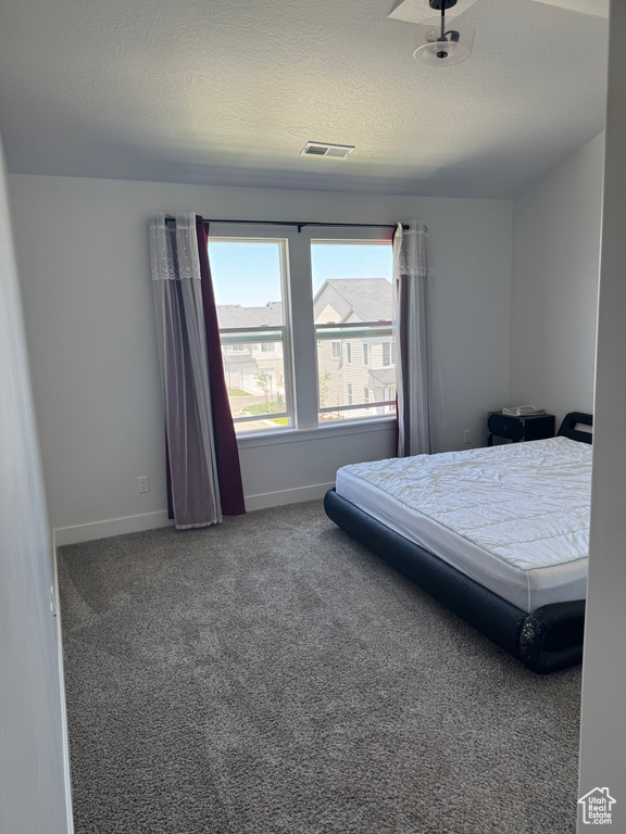Bedroom featuring carpet floors, a textured ceiling, and baseboards