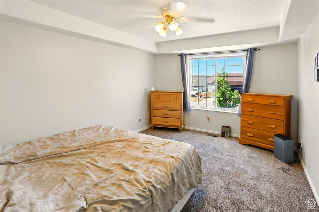 Bedroom featuring carpet flooring, baseboards, a raised ceiling, and a ceiling fan