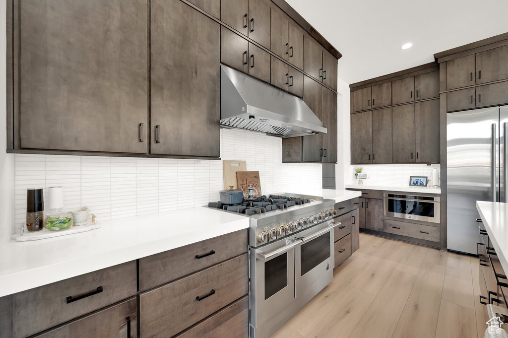 Kitchen with under cabinet range hood, premium appliances, backsplash, dark brown cabinets, and light countertops