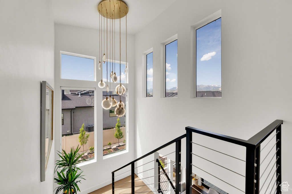 Stairs with plenty of natural light and wood finished floors