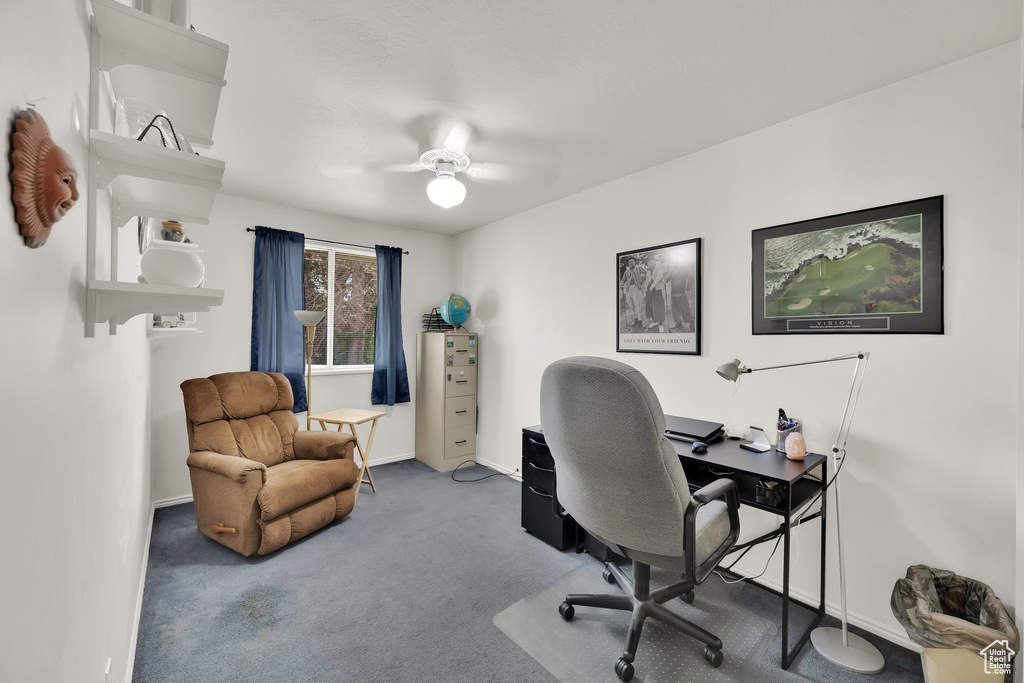 Office featuring ceiling fan, carpet floors, and baseboards