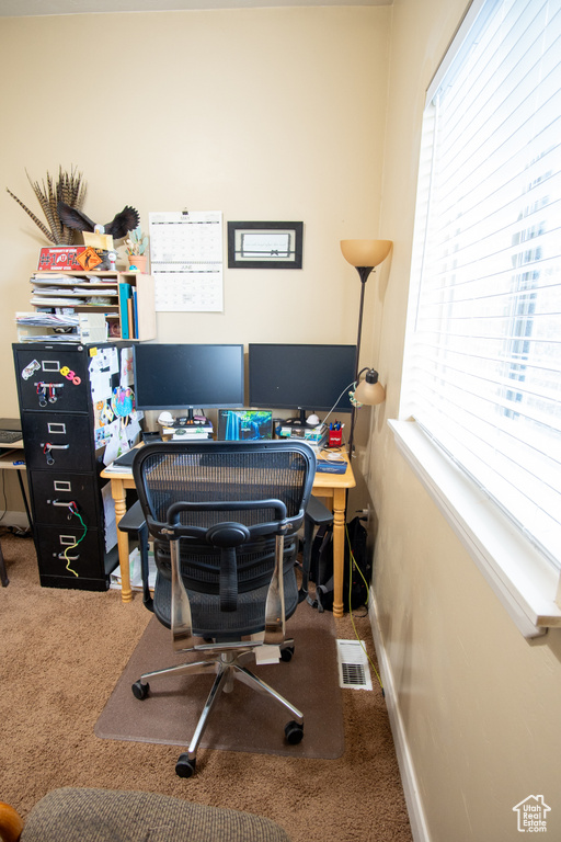 Home office featuring carpet floors, healthy amount of natural light, and baseboards