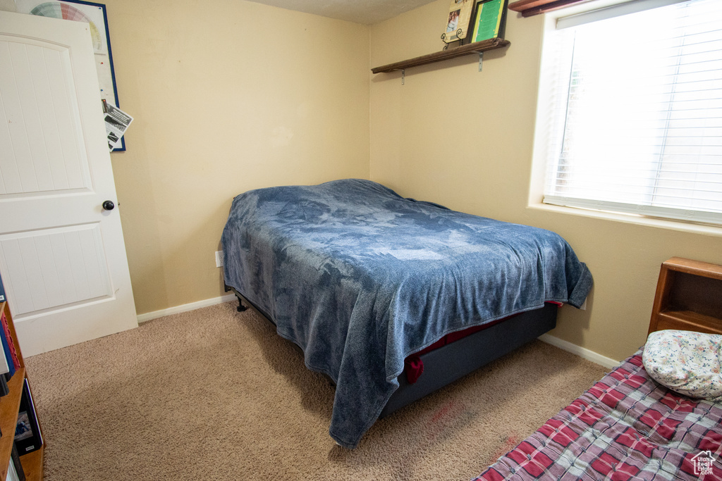 Bedroom with carpet flooring and baseboards