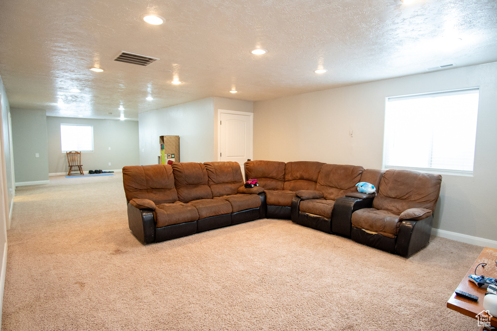 Carpeted living area with baseboards, recessed lighting, and a textured ceiling