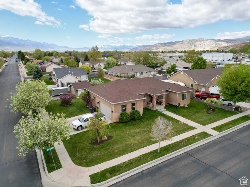 Aerial perspective of suburban area with mountains