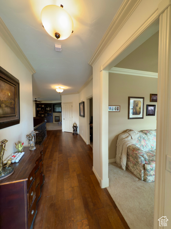 Corridor featuring crown molding, dark wood-type flooring, and baseboards