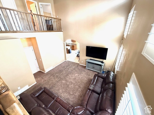 Carpeted living area featuring a high ceiling, baseboards, and arched walkways
