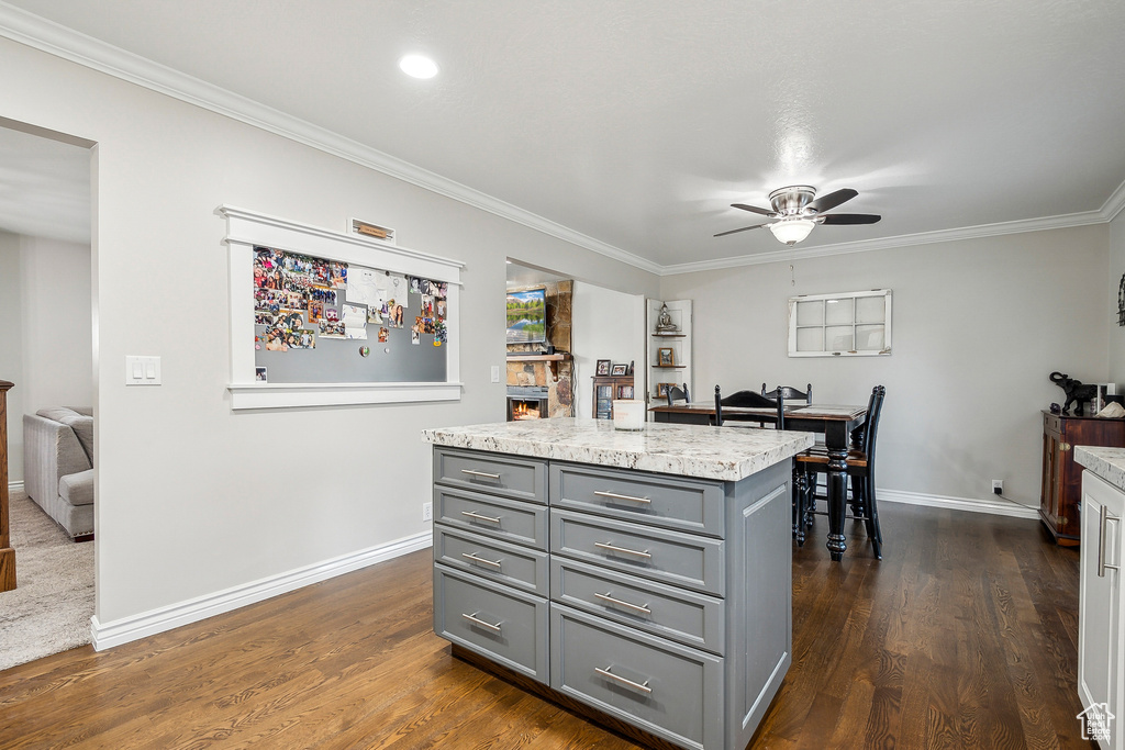 Kitchen with gray cabinets, ceiling fan, crown molding, dark wood-style flooring, and baseboards