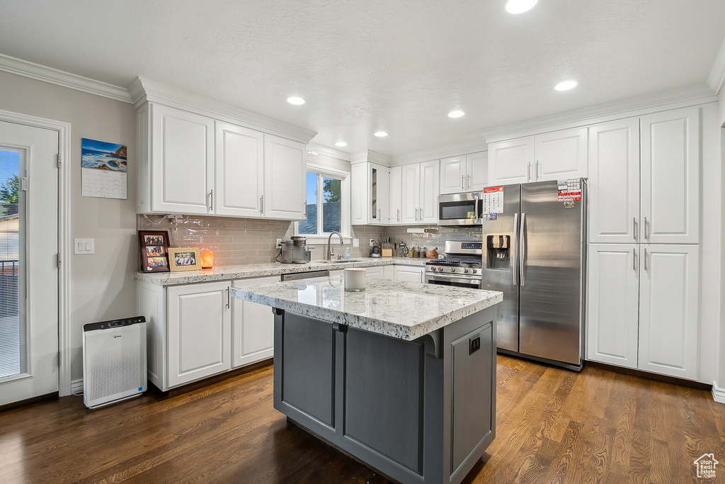 Kitchen with stainless steel appliances, a sink, white cabinetry, crown molding, and dark wood-type flooring