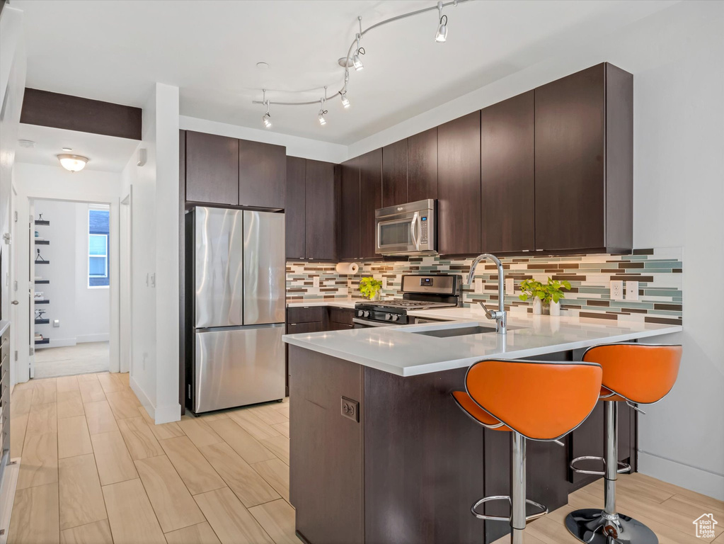 Kitchen featuring appliances with stainless steel finishes, a sink, a peninsula, dark brown cabinetry, and light countertops