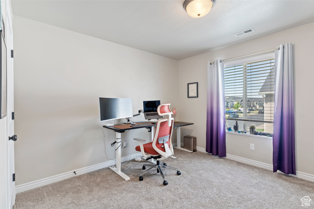 Home office with carpet and baseboards
