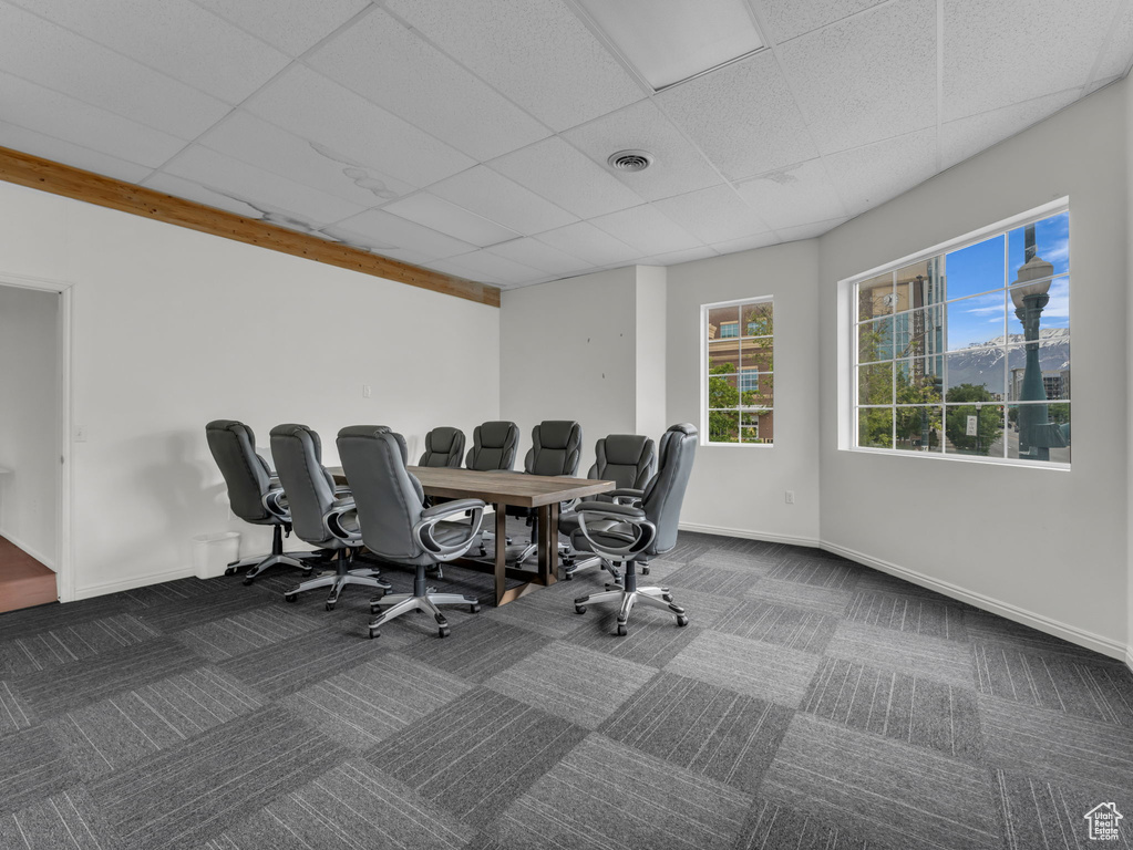 Office featuring a drop ceiling, baseboards, and carpet