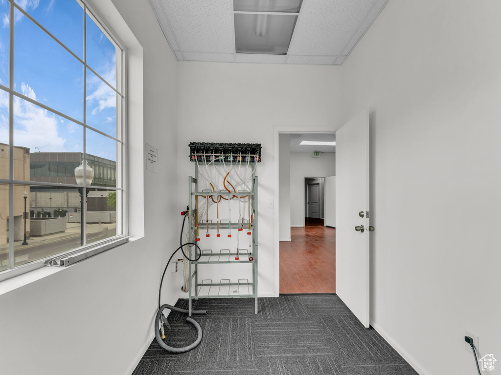 Corridor with dark carpet and baseboards