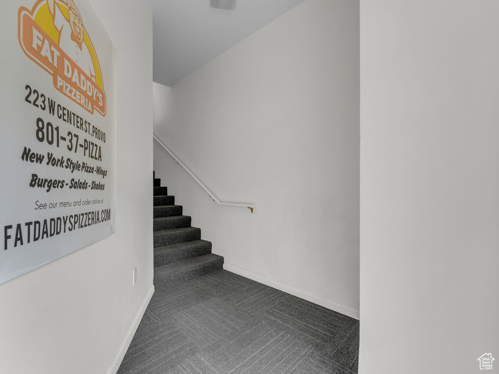 Stairs featuring carpet flooring and baseboards