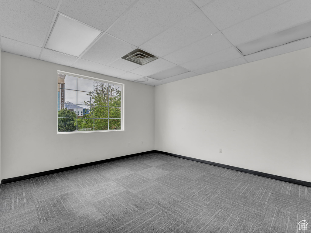 Empty room featuring a drop ceiling, carpet, and baseboards