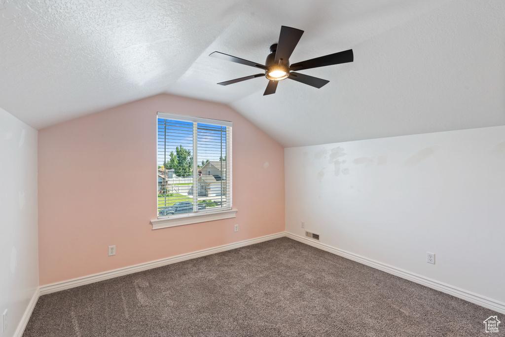 Additional living space featuring carpet floors, lofted ceiling, a ceiling fan, baseboards, and a textured ceiling