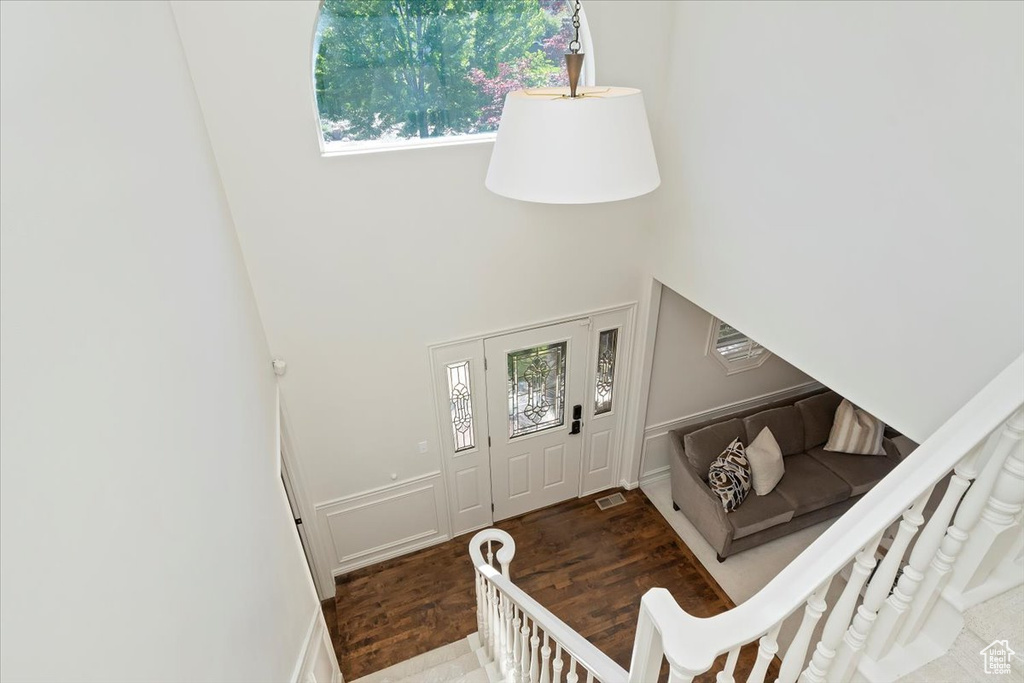 Entryway featuring plenty of natural light, wood finished floors, and a towering ceiling
