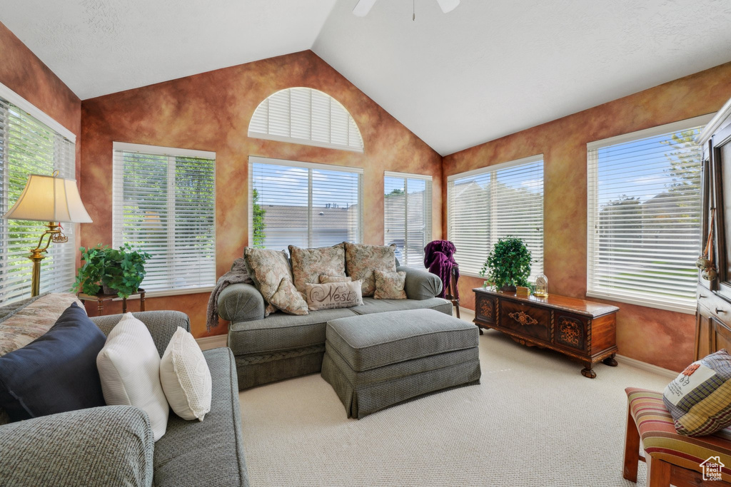 Living area with lofted ceiling, ceiling fan, and carpet flooring