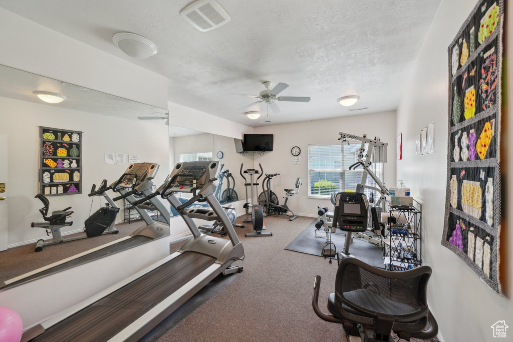 Gym with a ceiling fan, a textured ceiling, baseboards, and carpet floors