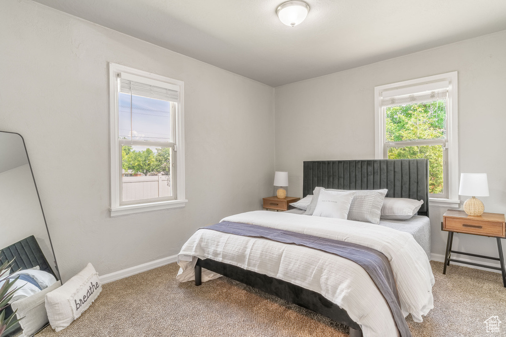 Bedroom featuring carpet flooring and baseboards