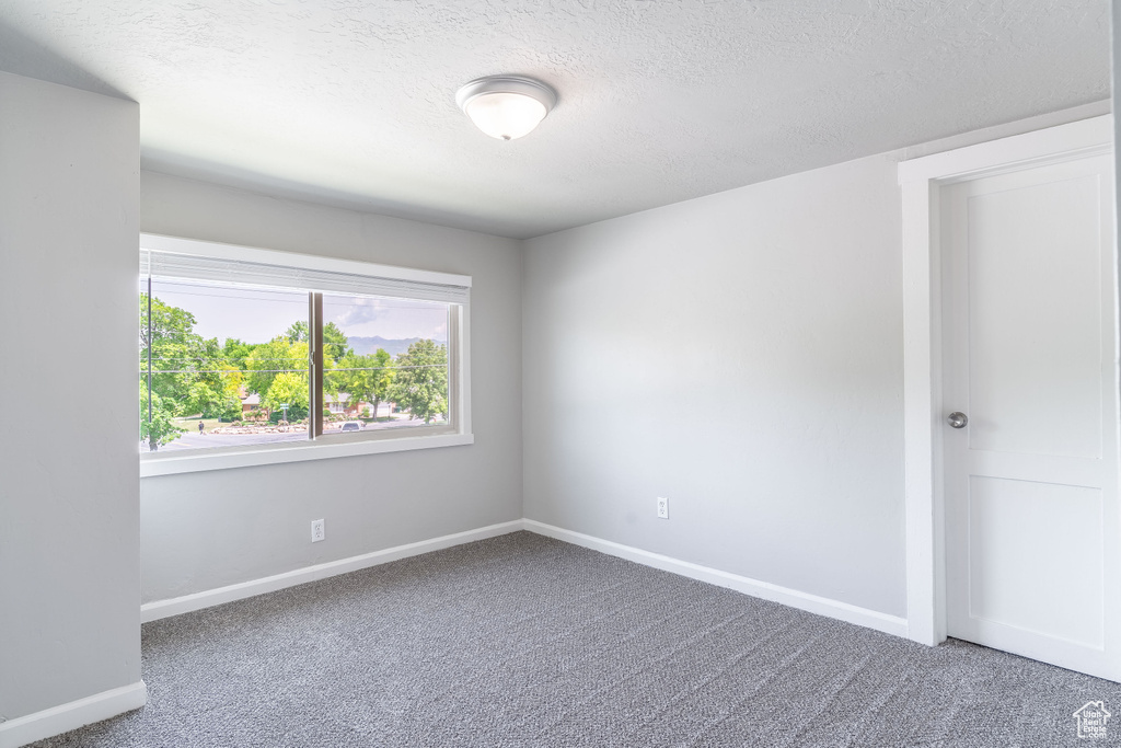 Spare room featuring carpet floors, a textured ceiling, and baseboards