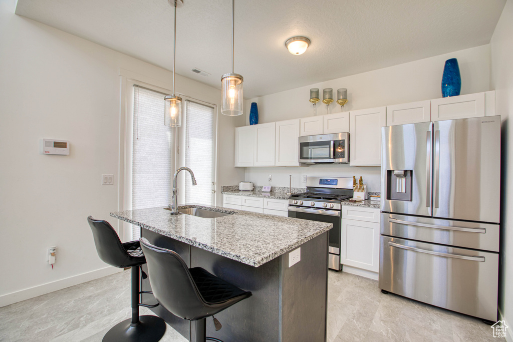 Kitchen featuring stainless steel appliances, a sink, white cabinets, and a kitchen island with sink