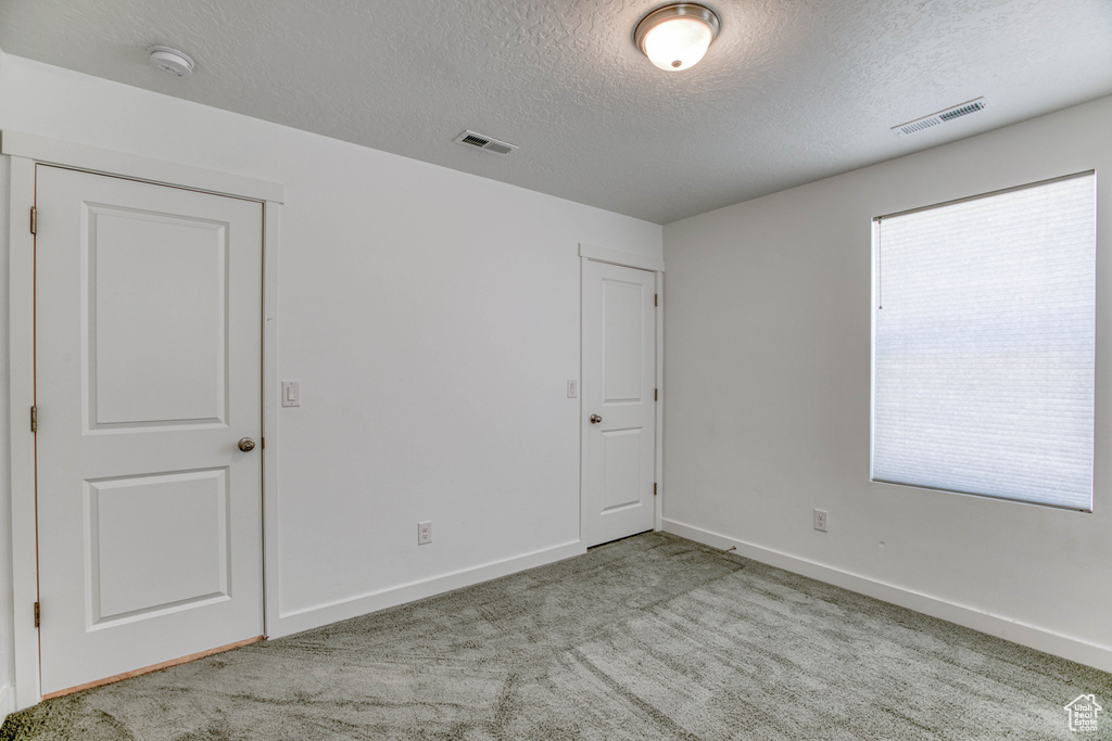Unfurnished bedroom featuring a textured ceiling, light colored carpet, multiple windows, and baseboards