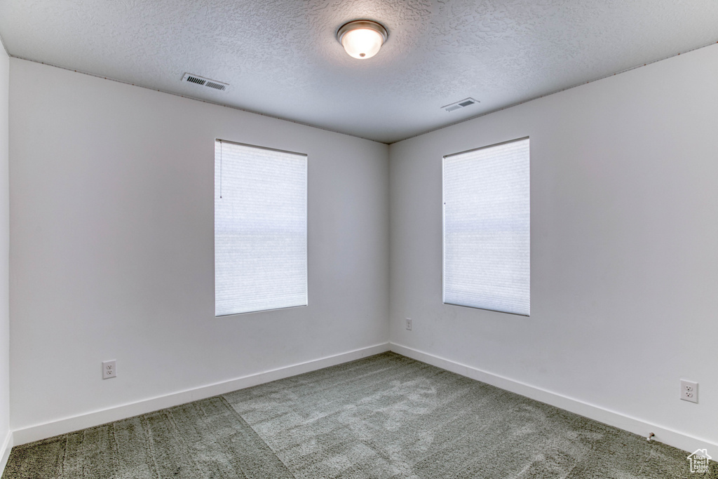 Carpeted spare room with a textured ceiling and baseboards