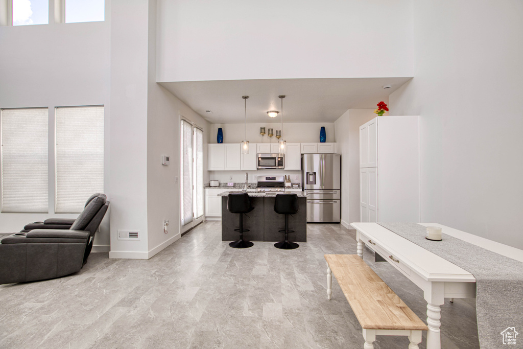 Kitchen featuring stainless steel appliances, a high ceiling, open floor plan, a kitchen breakfast bar, and white cabinets