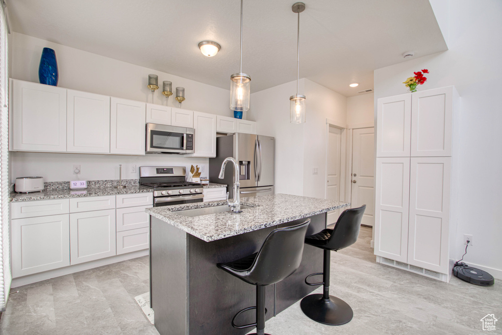 Kitchen featuring appliances with stainless steel finishes, a sink, a center island with sink, and light stone countertops