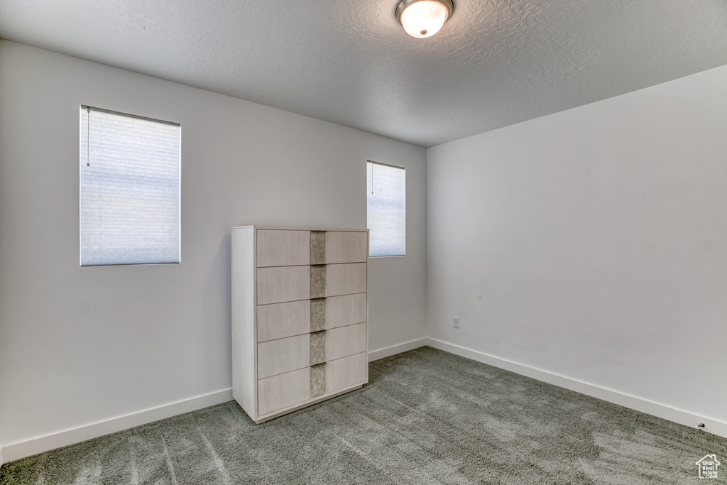 Unfurnished room featuring carpet flooring, baseboards, and a textured ceiling