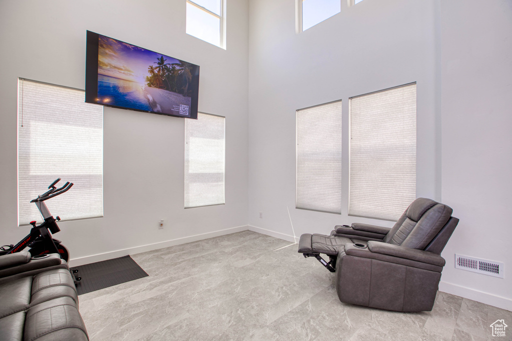 Living area featuring a high ceiling, plenty of natural light, baseboards, and carpet