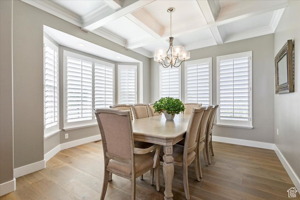 Dining room featuring healthy amount of natural light, coffered ceiling, a chandelier, baseboards, and light wood-style flooring