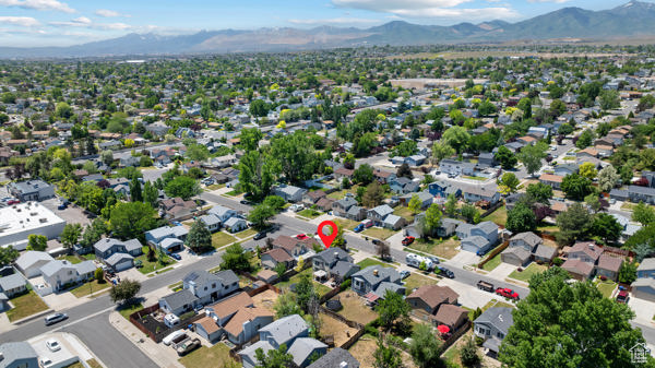 Aerial view of residential area with mountains
