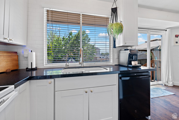 Kitchen featuring dishwasher, a sink, dark wood finished floors, decorative backsplash, and white cabinetry