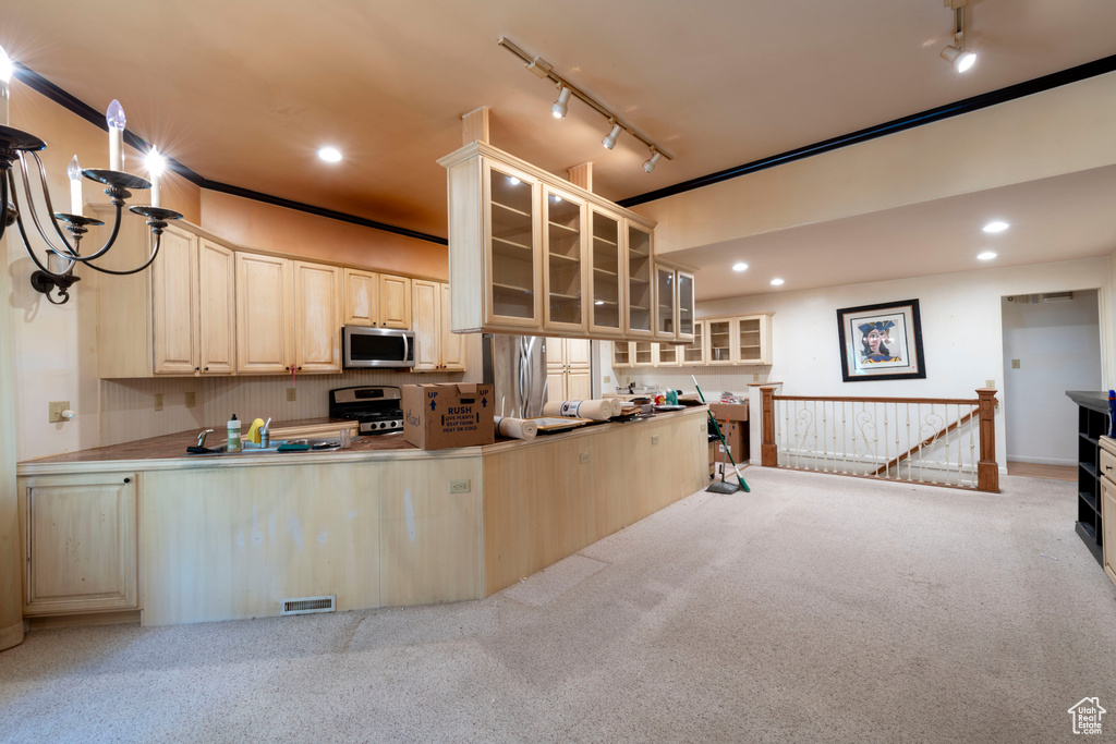 Kitchen featuring stainless steel appliances, rail lighting, light brown cabinets, light carpet, and glass insert cabinets