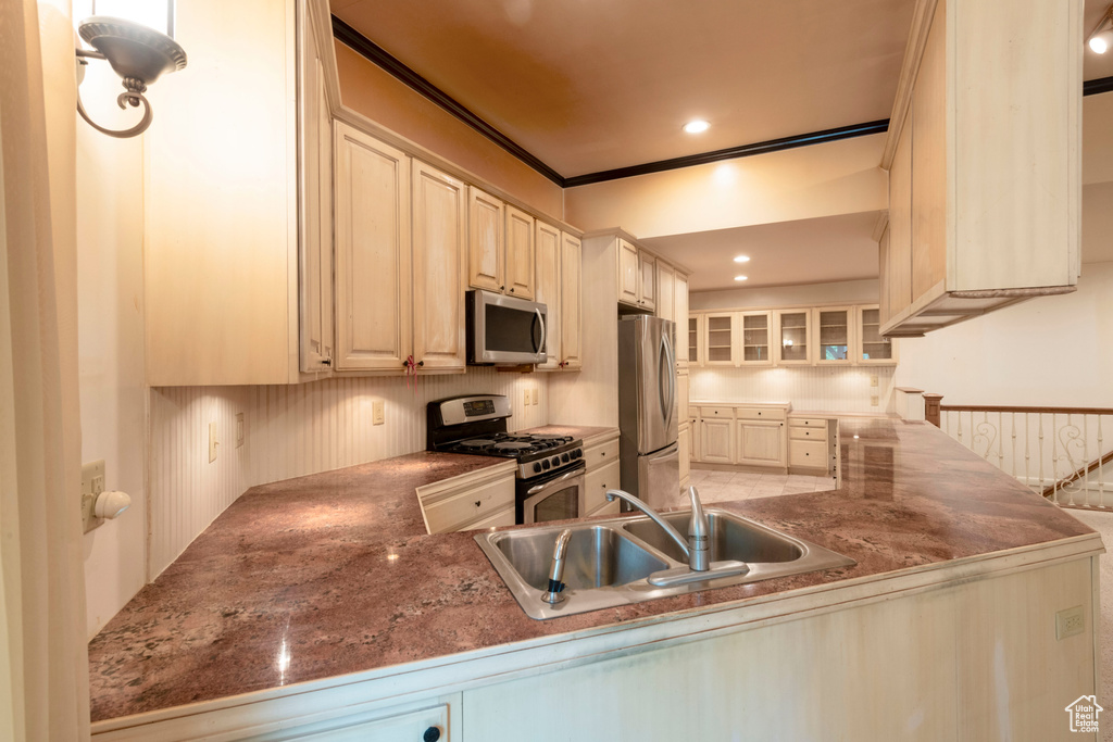 Kitchen featuring stainless steel appliances, a sink, a peninsula, and glass insert cabinets