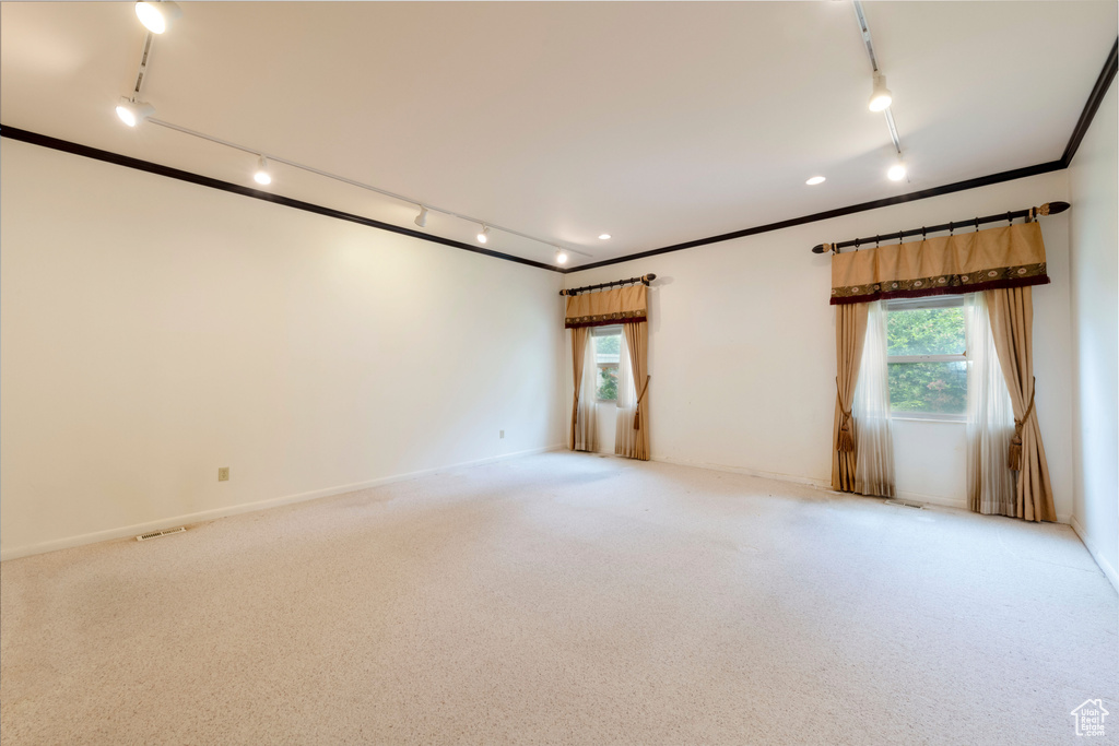 Empty room featuring rail lighting, light carpet, and ornamental molding