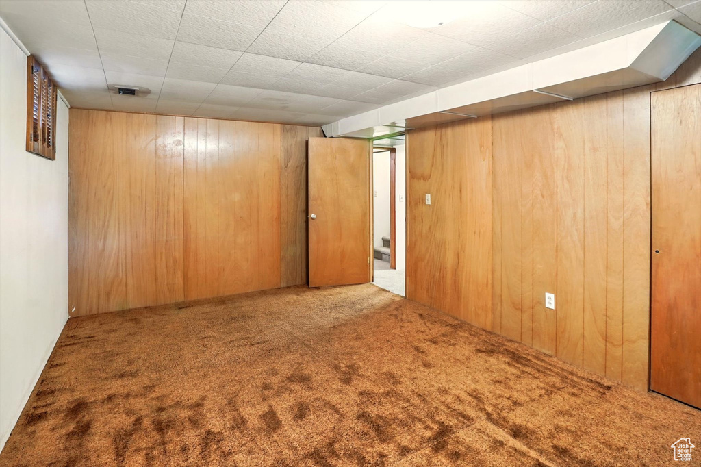 Finished basement featuring wood walls and carpet floors